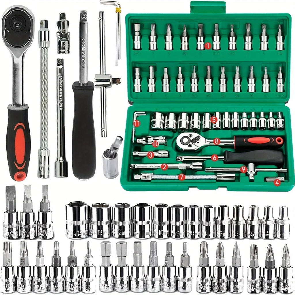 46Pcs Family Tools 1/4 Set Mechanic Tool Kits for Auto Repair Hous with Sockets Metric Hex Bit Socket Set inch Ratchet Wrench